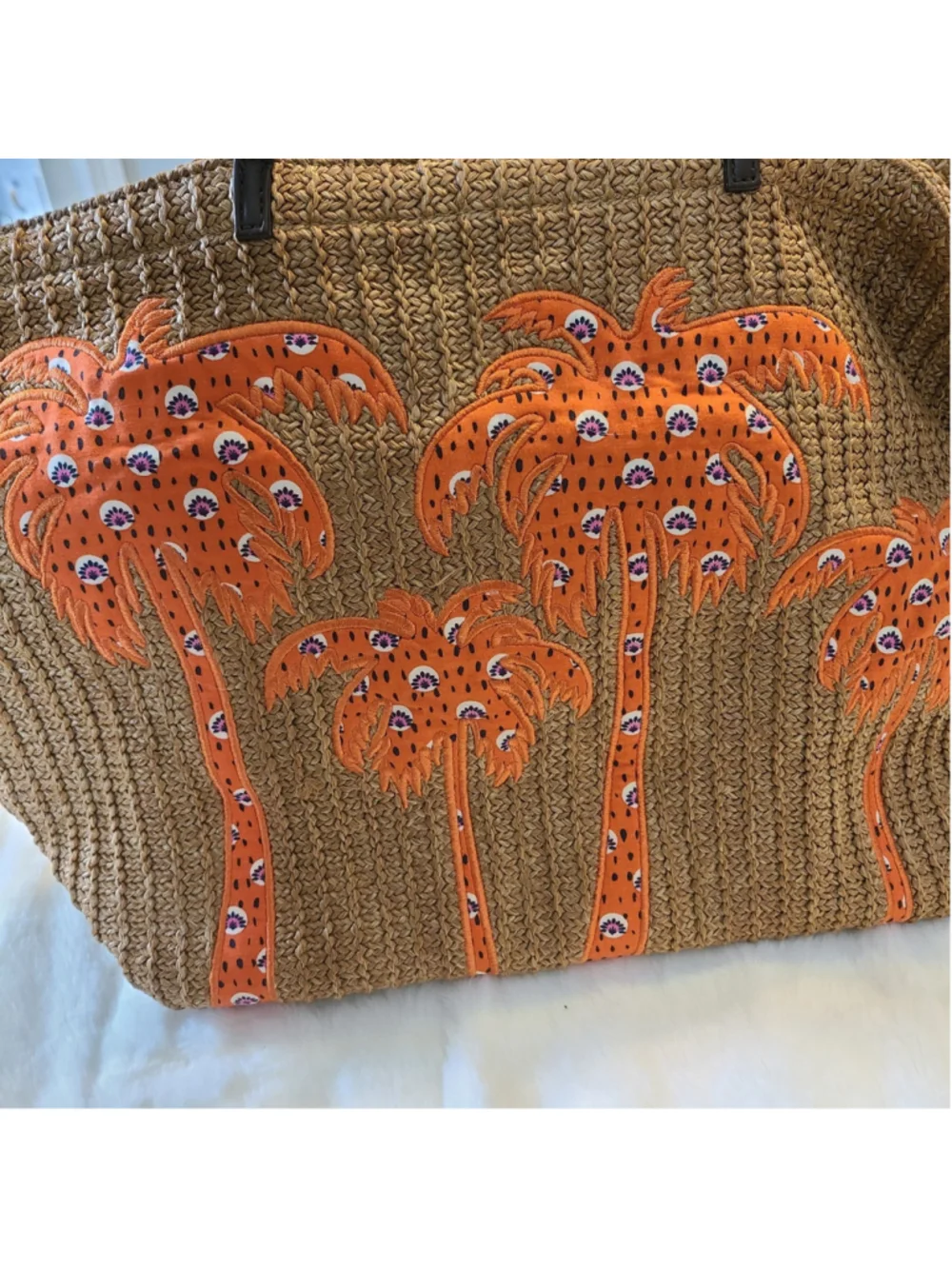Vera Bradley Straw Large Tote Orange Applique Palm Tree Design Travel Beach Bag